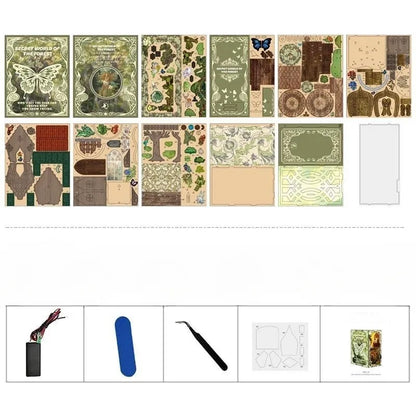 Book Nook - Secret World Of The Forest, un kit créatif pour construire un diorama miniature. Parfait pour décorer une bibliothèque ou comme cadeau original pour un amoureux des livres. Par Nookette.