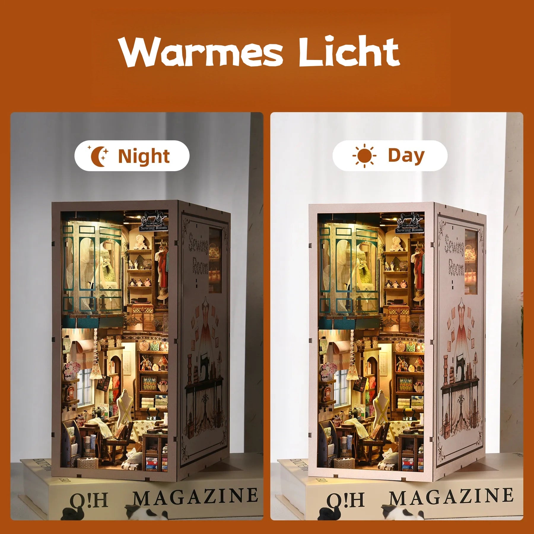 Book Nook - Sewing Room, un kit créatif pour construire un diorama miniature. Parfait pour décorer une bibliothèque ou comme cadeau original pour un amoureux des livres. Par Nookette.