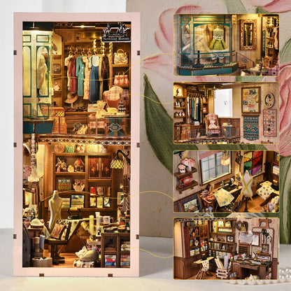 Book Nook - Sewing Room, un kit créatif pour construire un diorama miniature. Parfait pour décorer une bibliothèque ou comme cadeau original pour un amoureux des livres. Par Nookette.