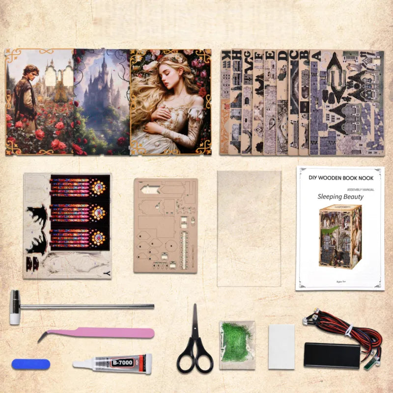 Book Nook - Sleeping Beauty, un kit créatif pour construire un diorama miniature. Parfait pour décorer une bibliothèque ou comme cadeau original pour un amoureux des livres. Par Nookette.