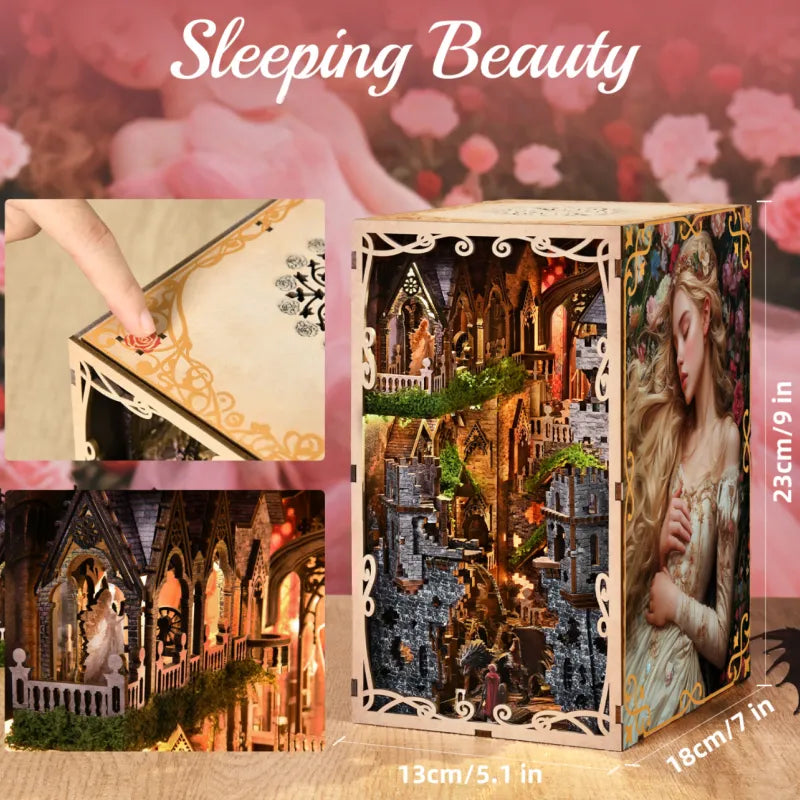 Book Nook - Sleeping Beauty, un kit créatif pour construire un diorama miniature. Parfait pour décorer une bibliothèque ou comme cadeau original pour un amoureux des livres. Par Nookette.