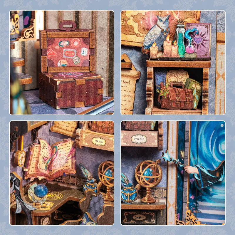 Book Nook - Soul Travel Agency, un kit créatif pour construire un diorama miniature. Parfait pour décorer une bibliothèque ou comme cadeau original pour un amoureux des livres. Par Nookette.