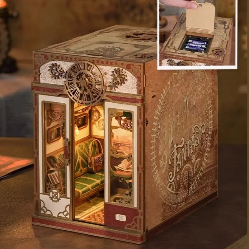 Book Nook - Steam Fantasy, un kit créatif pour construire un diorama miniature. Parfait pour décorer une bibliothèque ou comme cadeau original pour un amoureux des livres. Par Nookette.