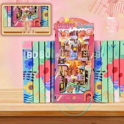 Book Nook - Sweetheart Story, un kit créatif pour construire un diorama miniature. Parfait pour décorer une bibliothèque ou comme cadeau original pour un amoureux des livres. Par Nookette.