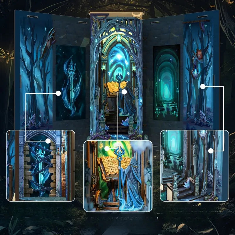 Book Nook - The Gate of Wonderland, un kit créatif pour construire un diorama miniature. Parfait pour décorer une bibliothèque ou comme cadeau original pour un amoureux des livres. Par Nookette.