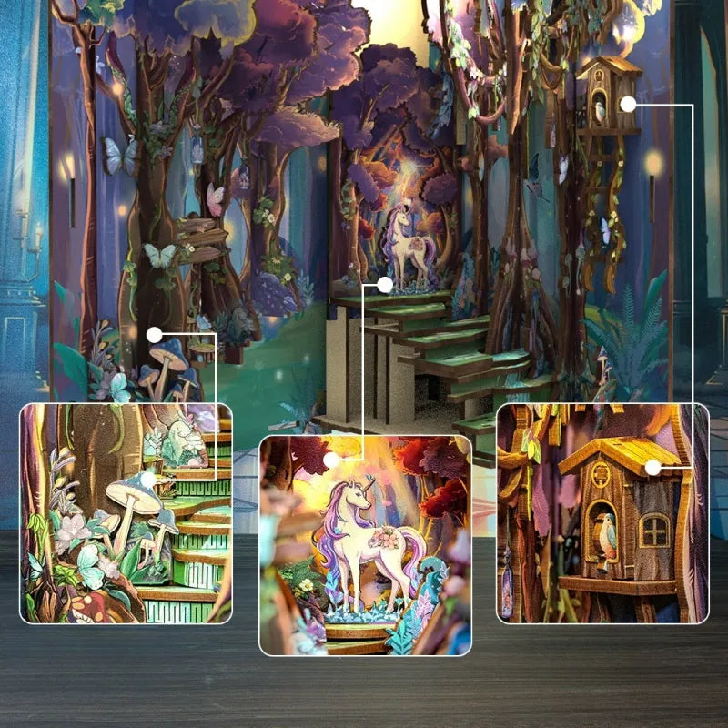 Book Nook - The Grace of The Forest, un kit créatif pour construire un diorama miniature. Parfait pour décorer une bibliothèque ou comme cadeau original pour un amoureux des livres. Par Nookette.