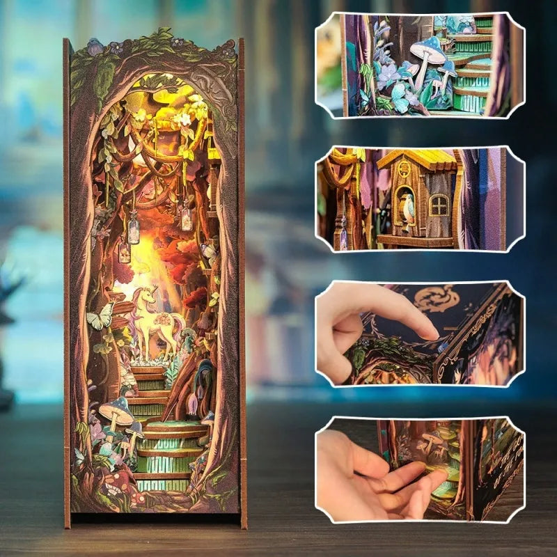 Book Nook - The Grace of The Forest, un kit créatif pour construire un diorama miniature. Parfait pour décorer une bibliothèque ou comme cadeau original pour un amoureux des livres. Par Nookette.