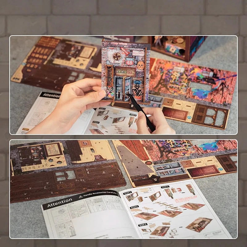 Book Nook - The Long Goodbye, un kit créatif pour construire un diorama miniature. Parfait pour décorer une bibliothèque ou comme cadeau original pour un amoureux des livres. Par Nookette.