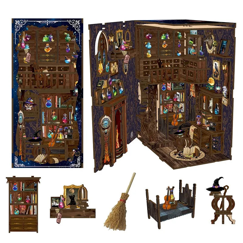 Book Nook - The Magic Study, un kit créatif pour construire un diorama miniature. Parfait pour décorer une bibliothèque ou comme cadeau original pour un amoureux des livres. Par Nookette.