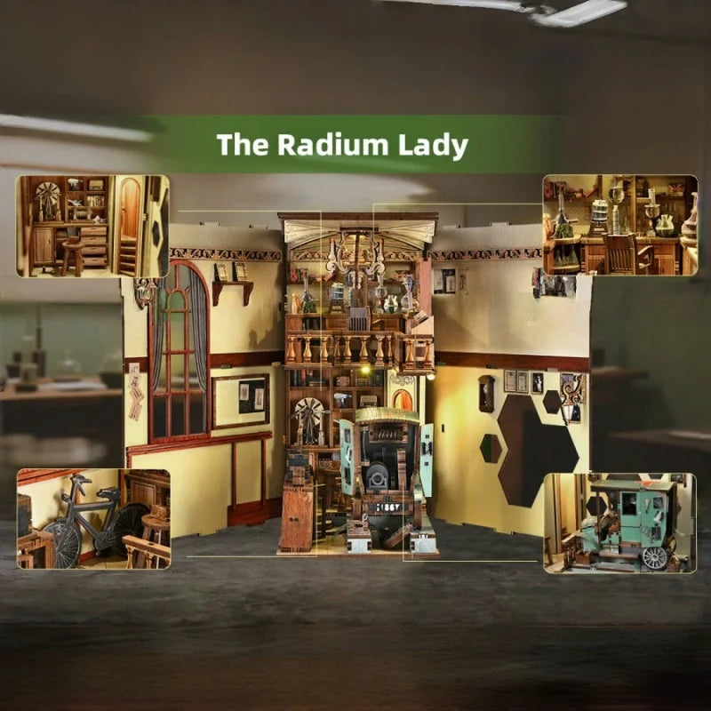 Book Nook - The Radium Lady, un kit créatif pour construire un diorama miniature. Parfait pour décorer une bibliothèque ou comme cadeau original pour un amoureux des livres. Par Nookette.