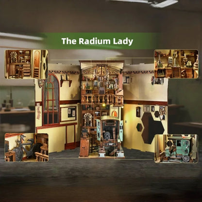 Book Nook - The Radium Lady, un kit créatif pour construire un diorama miniature. Parfait pour décorer une bibliothèque ou comme cadeau original pour un amoureux des livres. Par Nookette.