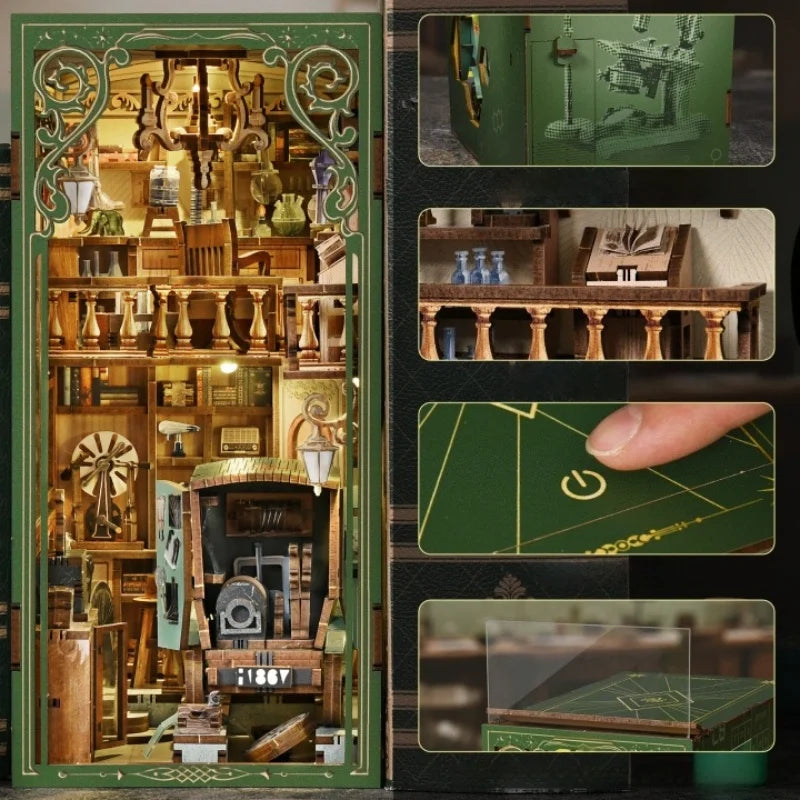 Book Nook - The Radium Lady, un kit créatif pour construire un diorama miniature. Parfait pour décorer une bibliothèque ou comme cadeau original pour un amoureux des livres. Par Nookette.