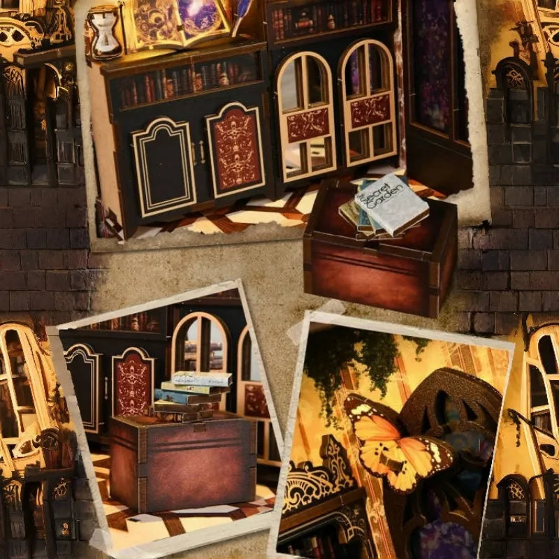 Book Nook - The Realm Of The Magic Book, un kit créatif pour construire un diorama miniature. Parfait pour décorer une bibliothèque ou comme cadeau original pour un amoureux des livres. Par Nookette.