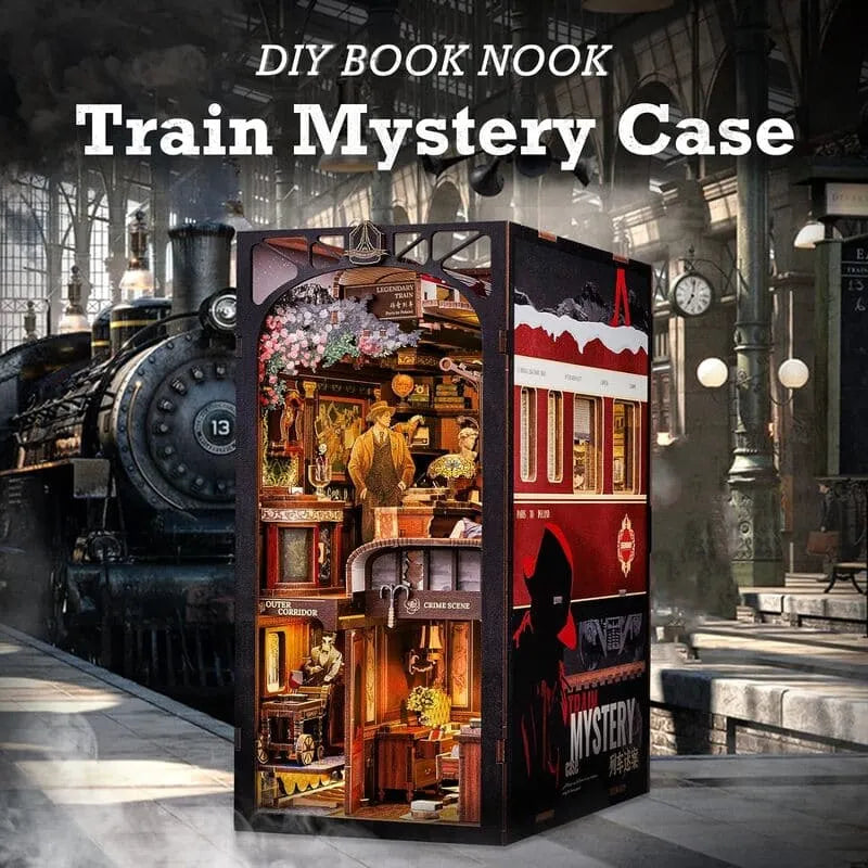 Booknook | Train Mystery Case, un kit créatif pour construire un diorama miniature. Parfait pour décorer une bibliothèque ou comme cadeau original pour un amoureux des livres. Par Nookette.