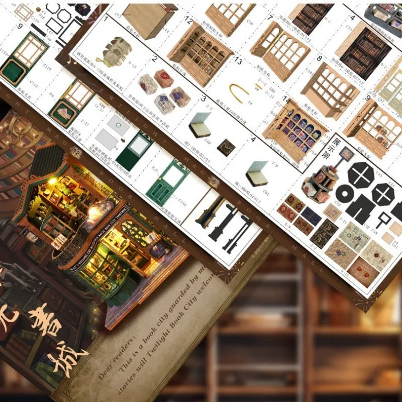 Maison Miniature - Twilight Book City, un kit créatif pour construire un diorama miniature. Parfait pour décorer une bibliothèque ou comme cadeau original pour un amoureux des livres. Par Nookette.
