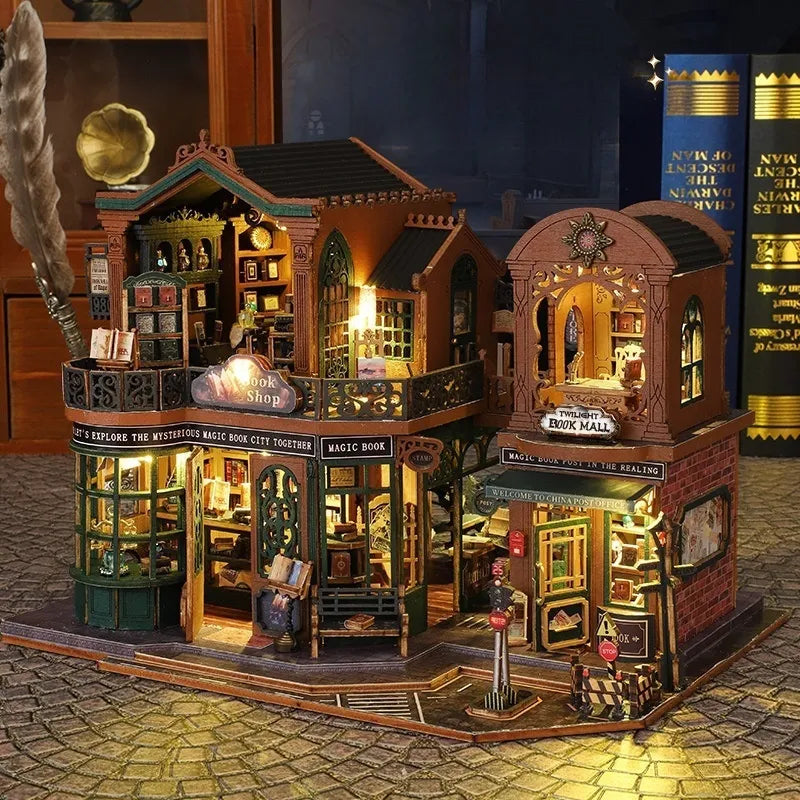 Maison Miniature - Twilight Book City, un kit créatif pour construire un diorama miniature. Parfait pour décorer une bibliothèque ou comme cadeau original pour un amoureux des livres. Par Nookette.