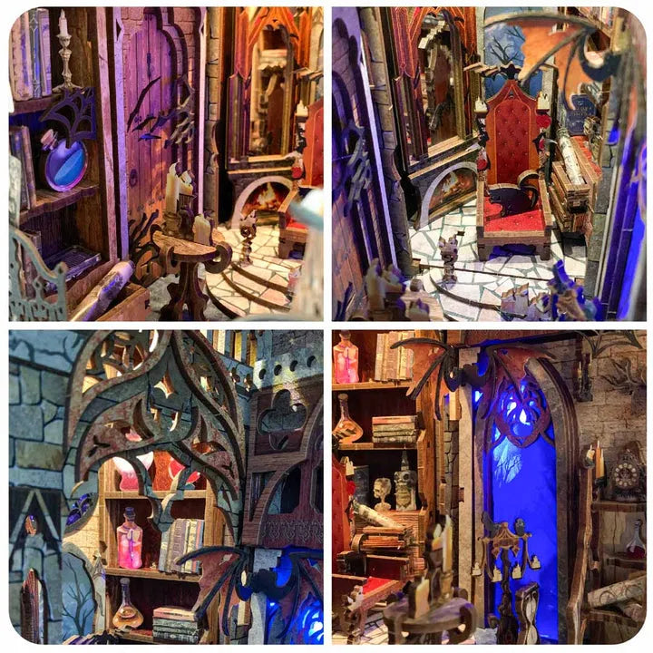 Book Nook - Twilight Castle, un kit créatif pour construire un diorama miniature. Parfait pour décorer une bibliothèque ou comme cadeau original pour un amoureux des livres. Par Nookette.