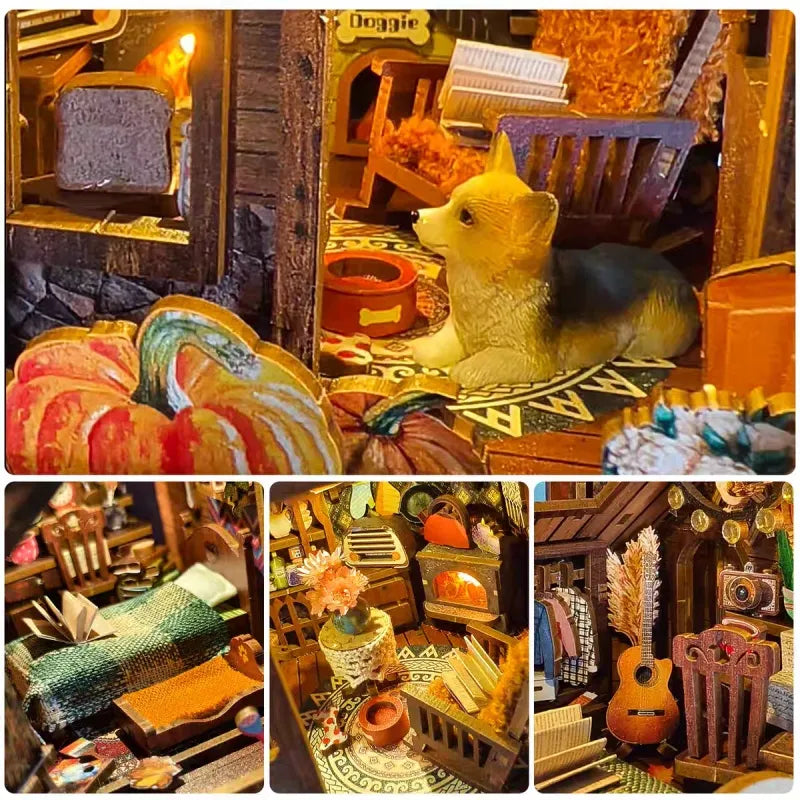 Book Nook - Twilight Cottage, un kit créatif pour construire un diorama miniature. Parfait pour décorer une bibliothèque ou comme cadeau original pour un amoureux des livres. Par Nookette.