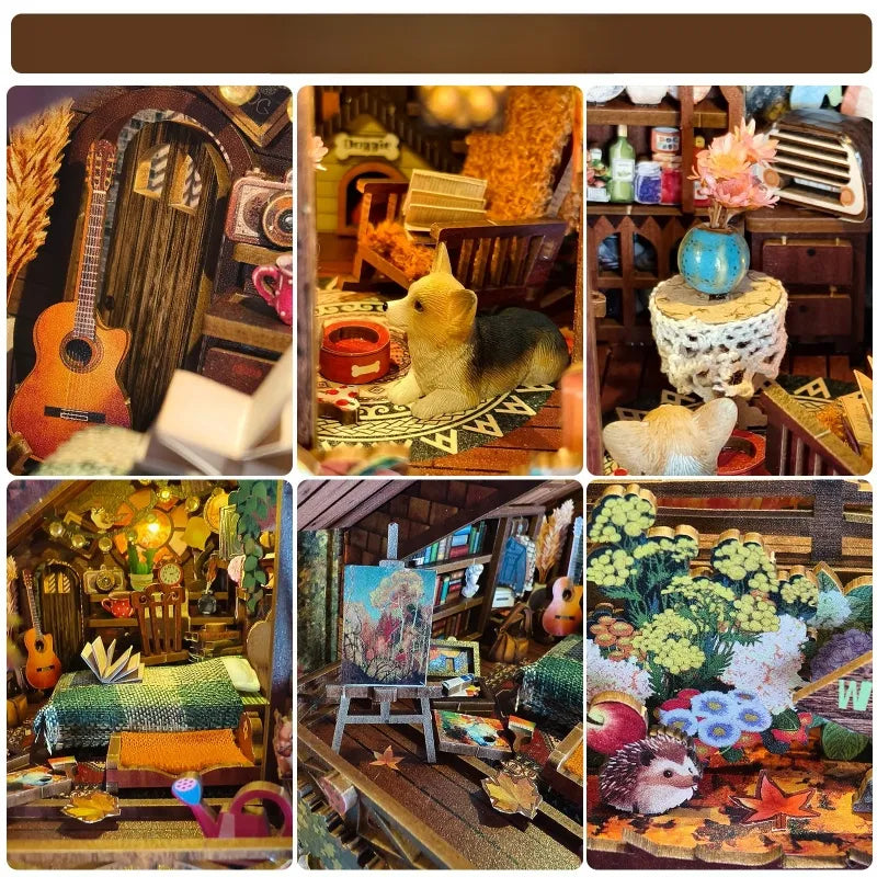 Book Nook - Twilight Cottage, un kit créatif pour construire un diorama miniature. Parfait pour décorer une bibliothèque ou comme cadeau original pour un amoureux des livres. Par Nookette.