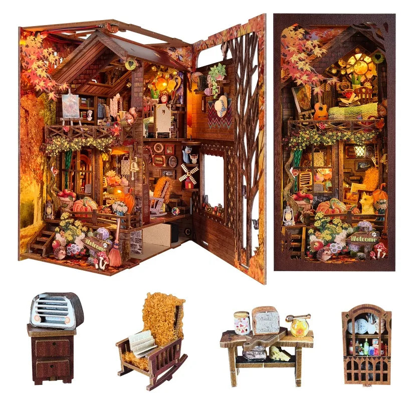 Book Nook - Twilight Cottage, un kit créatif pour construire un diorama miniature. Parfait pour décorer une bibliothèque ou comme cadeau original pour un amoureux des livres. Par Nookette.