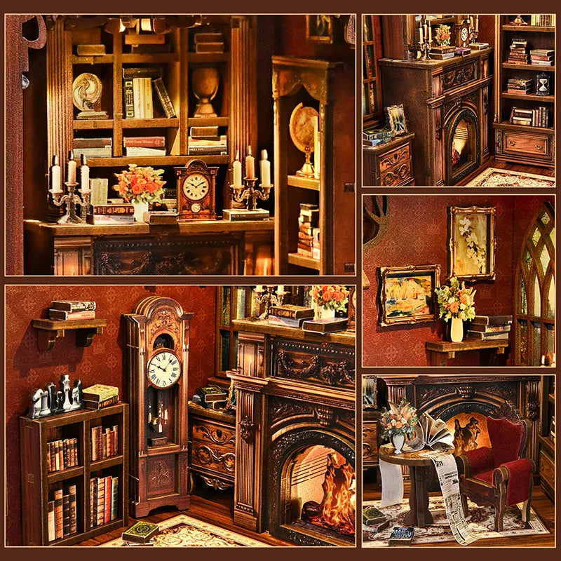 Book Nook - Twilight Library, un kit créatif pour construire un diorama miniature. Parfait pour décorer une bibliothèque ou comme cadeau original pour un amoureux des livres. Par Nookette.