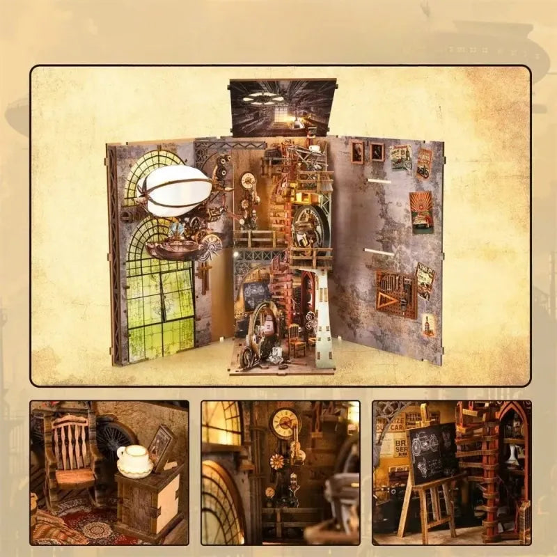 Book Nook - Uncle Peter’s Warehouse, un kit créatif pour construire un diorama miniature. Parfait pour décorer une bibliothèque ou comme cadeau original pour un amoureux des livres. Par Nookette.