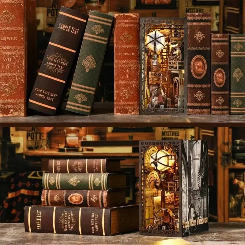 Book Nook - Uncle Peter’s Warehouse, un kit créatif pour construire un diorama miniature. Parfait pour décorer une bibliothèque ou comme cadeau original pour un amoureux des livres. Par Nookette.