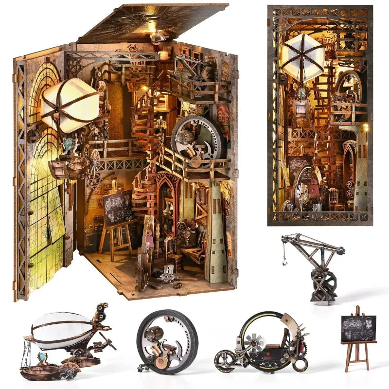 Book Nook - Uncle Peter’s Warehouse, un kit créatif pour construire un diorama miniature. Parfait pour décorer une bibliothèque ou comme cadeau original pour un amoureux des livres. Par Nookette.