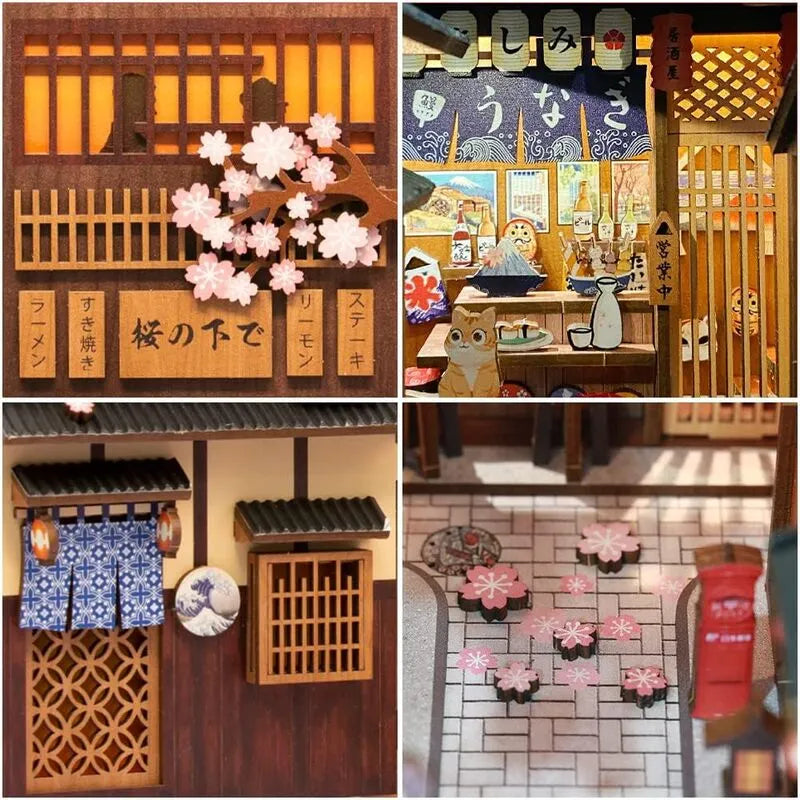 Book Nook - Under The Sakura Tree, un kit créatif pour construire un diorama miniature. Parfait pour décorer une bibliothèque ou comme cadeau original pour un amoureux des livres. Par Nookette.