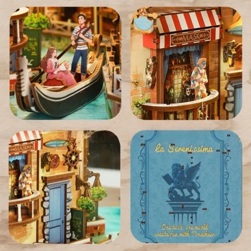 Book Nook - Venetian Dreams, un kit créatif pour construire un diorama miniature. Parfait pour décorer une bibliothèque ou comme cadeau original pour un amoureux des livres. Par Nookette.