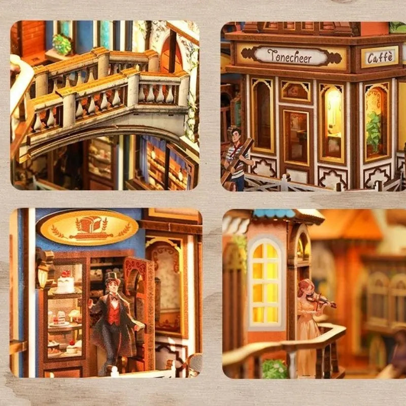 Book Nook - Venetian Dreams, un kit créatif pour construire un diorama miniature. Parfait pour décorer une bibliothèque ou comme cadeau original pour un amoureux des livres. Par Nookette.