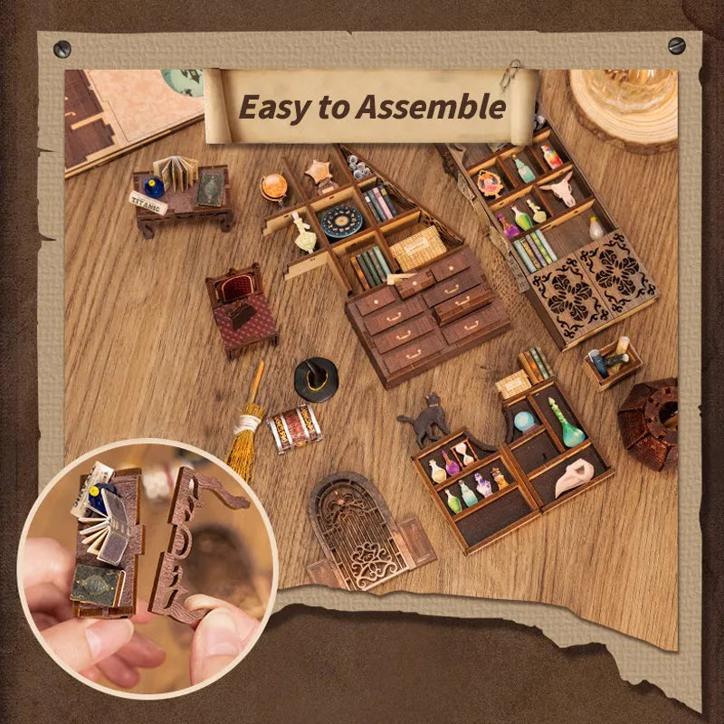 Book Nook - Magic Pharmacist, un kit créatif pour construire un diorama miniature. Parfait pour décorer une bibliothèque ou comme cadeau original pour un amoureux des livres. Par Nookette.