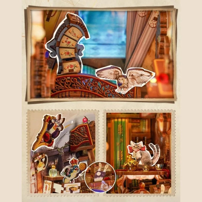 Book Nook - Magical Library, un kit créatif pour construire un diorama miniature. Parfait pour décorer une bibliothèque ou comme cadeau original pour un amoureux des livres. Par Nookette.