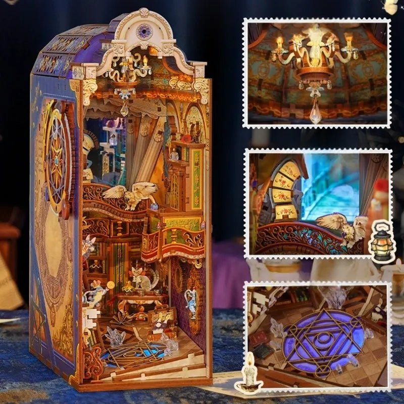 Book Nook - Magical Library, un kit créatif pour construire un diorama miniature. Parfait pour décorer une bibliothèque ou comme cadeau original pour un amoureux des livres. Par Nookette.