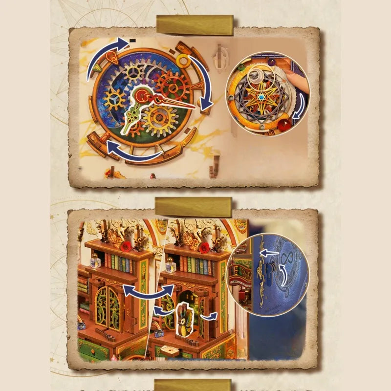 Book Nook - Magical Library, un kit créatif pour construire un diorama miniature. Parfait pour décorer une bibliothèque ou comme cadeau original pour un amoureux des livres. Par Nookette.