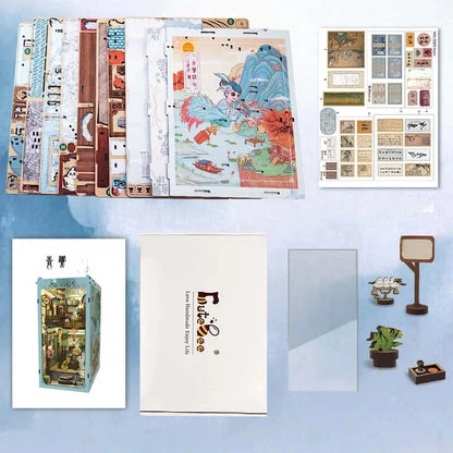 Booknooks | Azure Phoenix Lodge, un kit créatif pour construire un diorama miniature. Parfait pour décorer une bibliothèque ou comme cadeau original pour un amoureux des livres. Par Nookette.