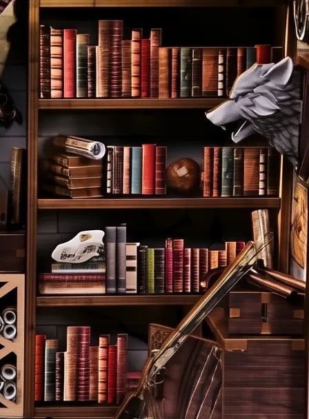 Bibliothèque ancienne et tête de loup