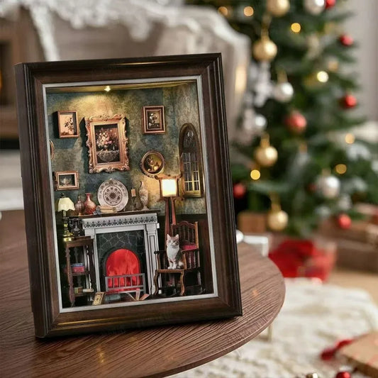Kit DIY Cadre 3D – Maison avec Cheminée | Diorama Miniature à Assembler, un kit créatif pour construire un diorama miniature. Parfait pour décorer une bibliothèque ou comme cadeau original pour un amoureux des livres. Par Nookette.