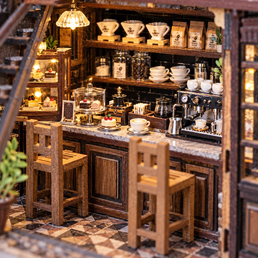 Tasses, pâtisseries et accessoires de café au comptoir