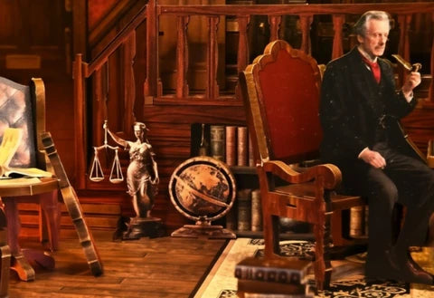 Détective pensif et statue de la Justice