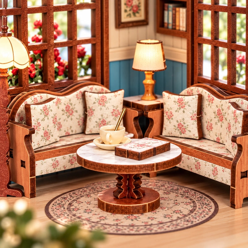 À l’étage, deux banquettes à motifs fleuris se font face autour d’une table ronde. La tasse, le livre et la lampe donnent à ce salon son allure intime.