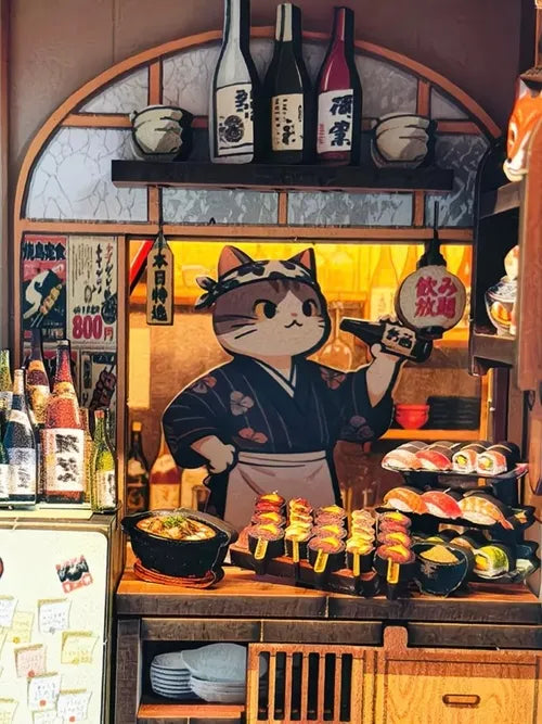 Chef félin et assortiment de sushis