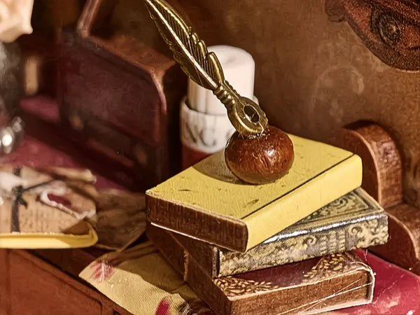 Plume dorée et livres anciens
