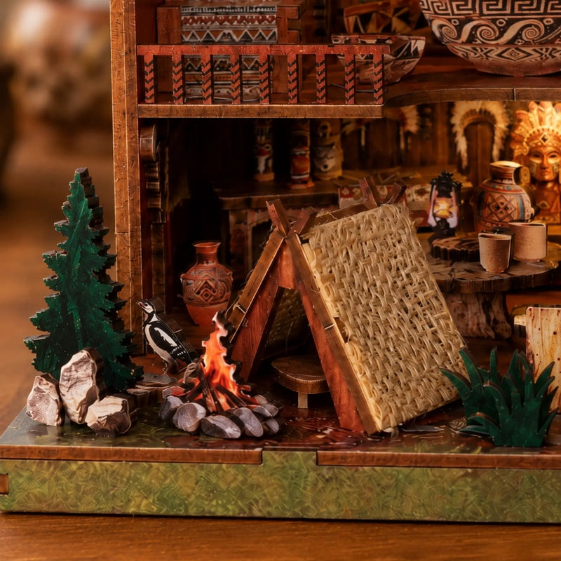 Une petite tente à couverture d’aspect tressé se tient près du feu de camp décoratif. Arbre miniature, pierres et oiseau composent un coin extérieur à l’échelle du refuge.