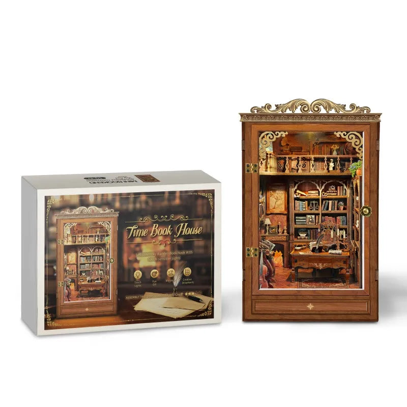 Maison Miniature - Time Book House, un kit créatif pour construire un diorama miniature. Parfait pour décorer une bibliothèque ou comme cadeau original pour un amoureux des livres. Par Nookette.