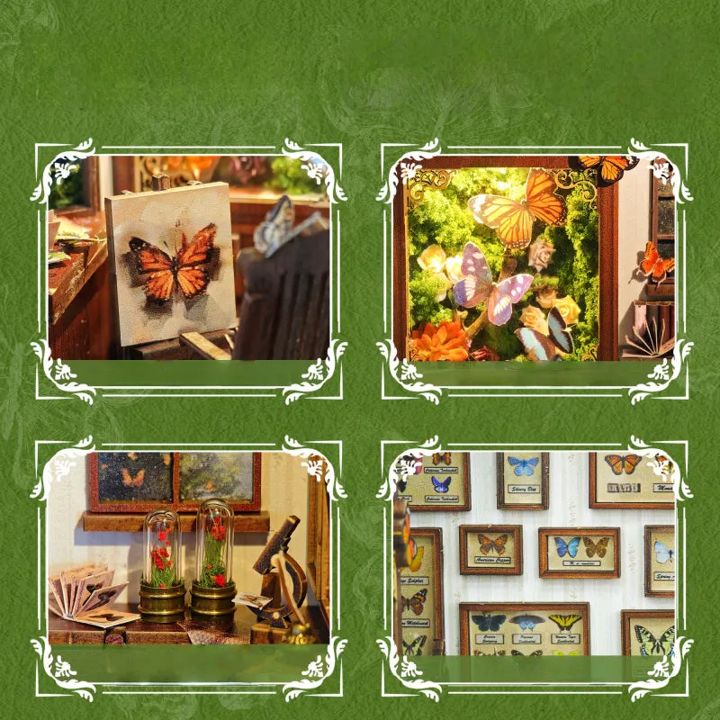 Maison Miniature - Butterfly House, un kit créatif pour construire un diorama miniature. Parfait pour décorer une bibliothèque ou comme cadeau original pour un amoureux des livres. Par Nookette.