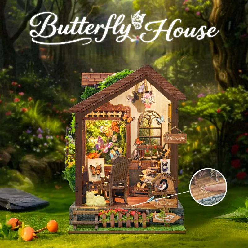 Maison Miniature - Butterfly House, un kit créatif pour construire un diorama miniature. Parfait pour décorer une bibliothèque ou comme cadeau original pour un amoureux des livres. Par Nookette.