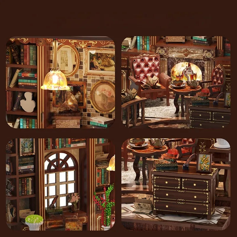 Maison Miniature - Left Bank Study, un kit créatif pour construire un diorama miniature. Parfait pour décorer une bibliothèque ou comme cadeau original pour un amoureux des livres. Par Nookette.