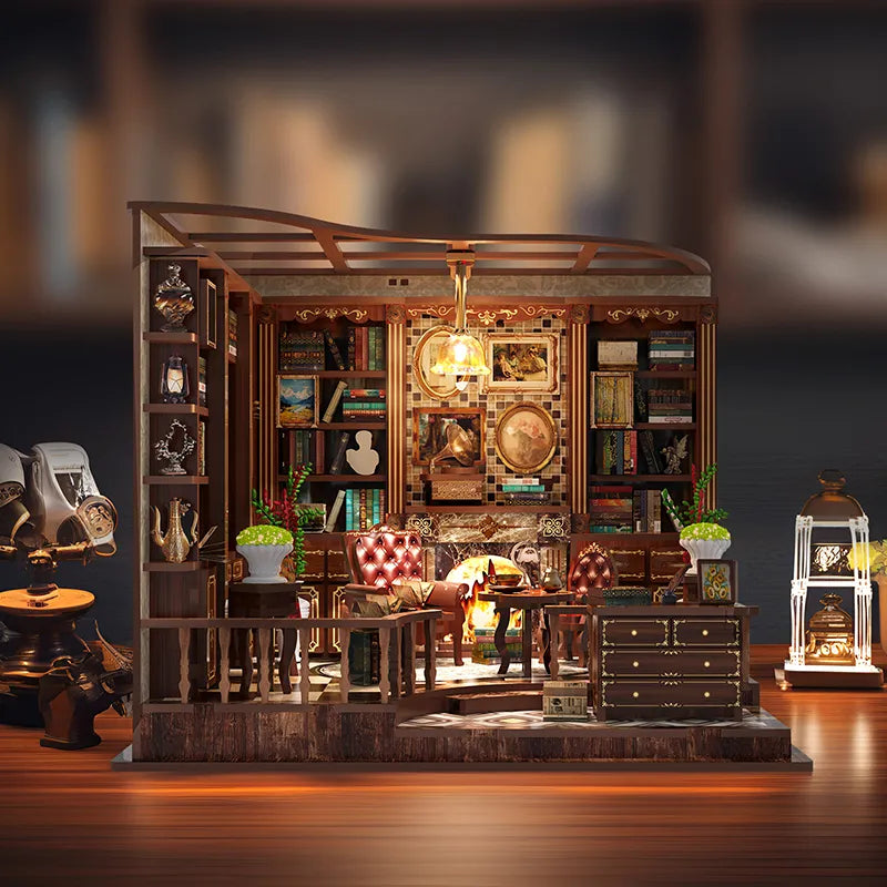 Maison Miniature - Left Bank Study, un kit créatif pour construire un diorama miniature. Parfait pour décorer une bibliothèque ou comme cadeau original pour un amoureux des livres. Par Nookette.