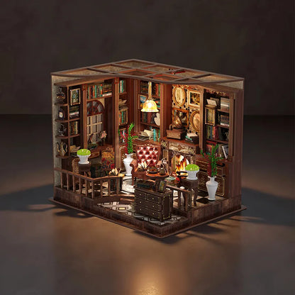Maison Miniature - Left Bank Study, un kit créatif pour construire un diorama miniature. Parfait pour décorer une bibliothèque ou comme cadeau original pour un amoureux des livres. Par Nookette.